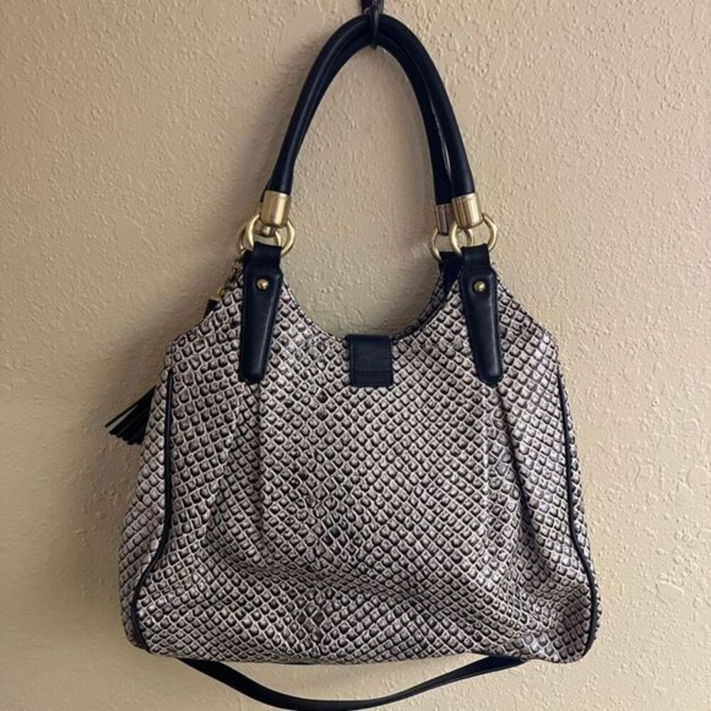 Brahmin Elisa Snake Lizard Print Black White Gold Lock Tassel Hobo Shoulder Bag - Picture 3 of 10